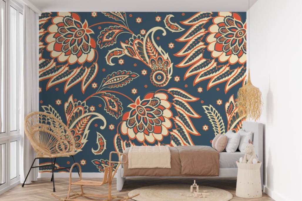 Dreamscape Kalamkari Art Wallpaper Mural shown in a room