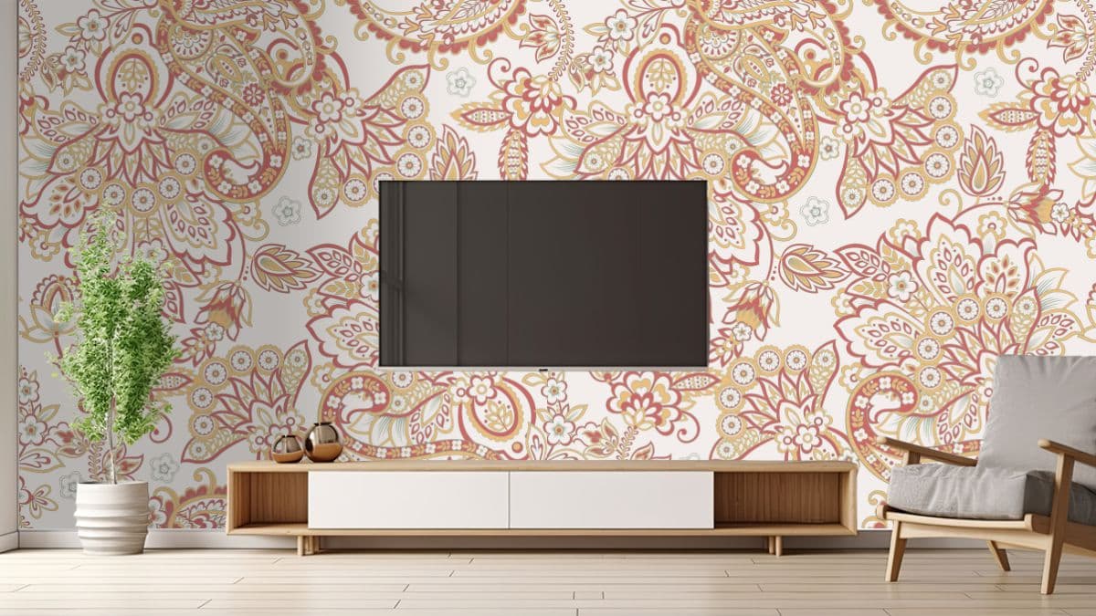 Seamless Kalamkari Wallpaper Mural for TV Unit shown in a room