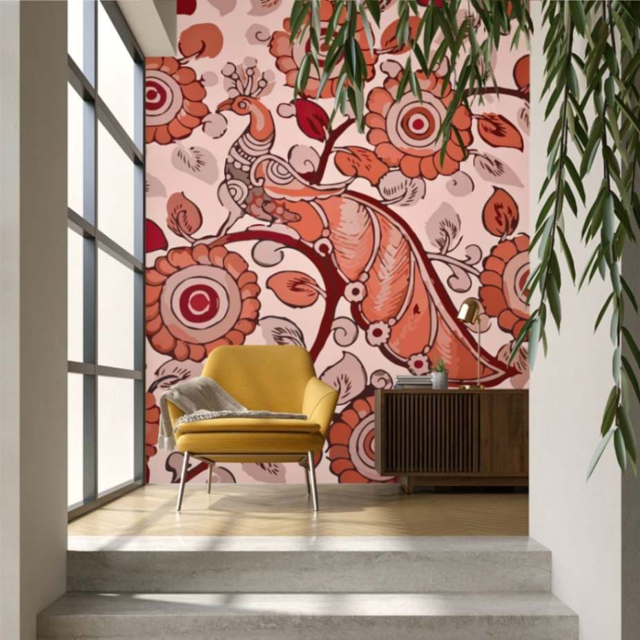 Beautiful Kalamkari Peacock Wallpaper Mural shown in a room
