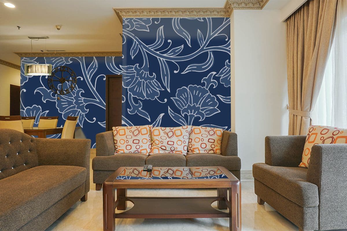 Kalamkari Midnight Blossom Wallpaper for Wall shown in a room