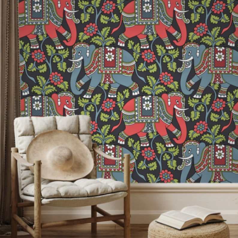 Regal Elephant Wallpaper in Kalamkari Style shown in a room