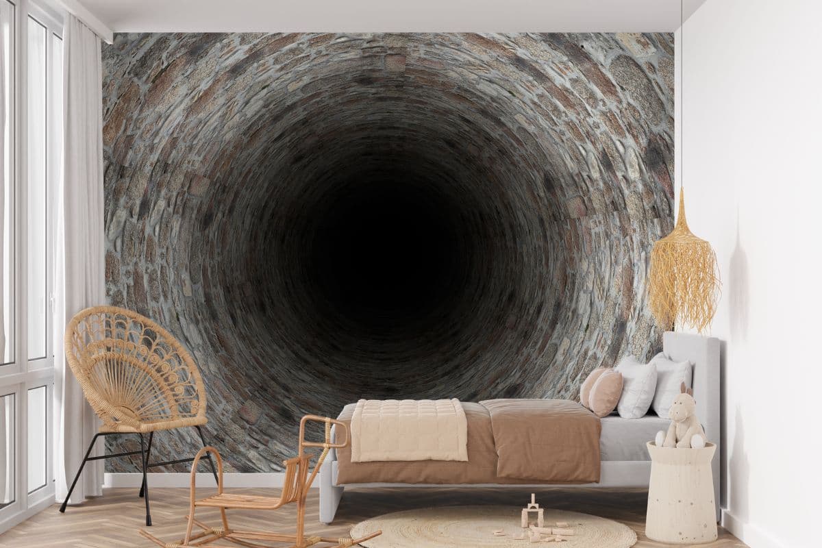 3D Rocky Tunnel Wallpaper Mural for Wall shown in a room