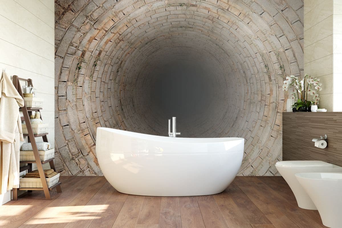 3D Stone Bricks Tunnel wallpaper for Wall shown in a room