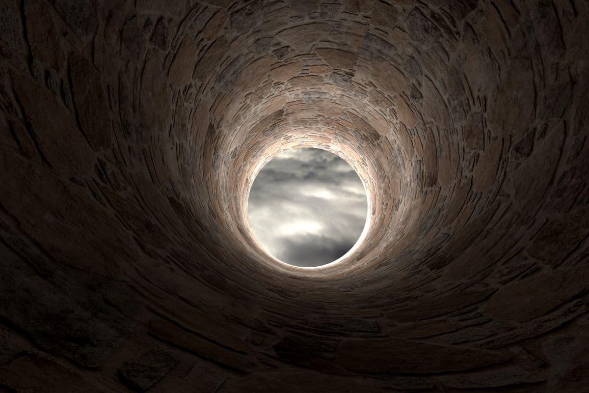 3D Stone Tunnel Leading To Skies Mural Wallpaper pattern detail