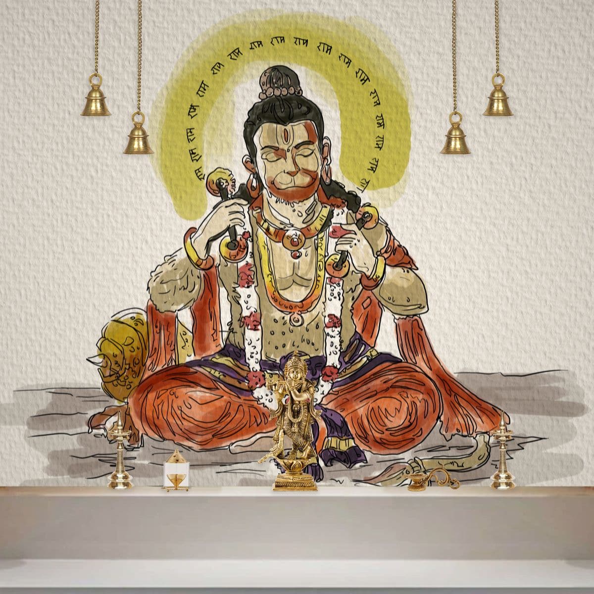 Hanumanji Chanting Ram Naam Wallpaper Mural shown in a room