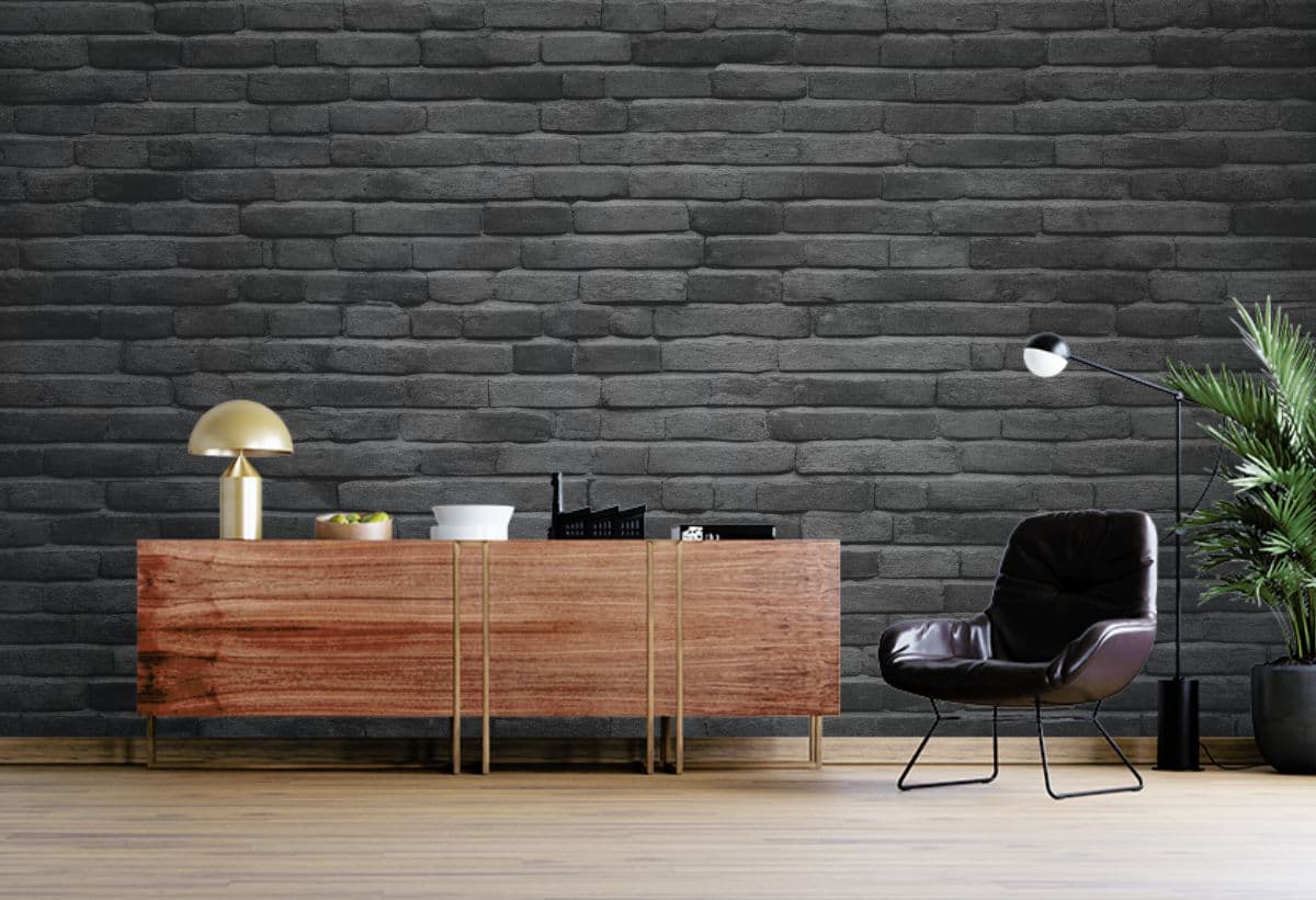 Charcoal Masonry Black Brick Wall Mural Wallpaper shown in a room