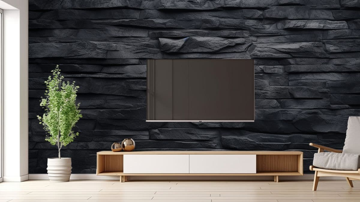 Pitch Charcoal Black Bricks Wallpaper Mural shown in a room