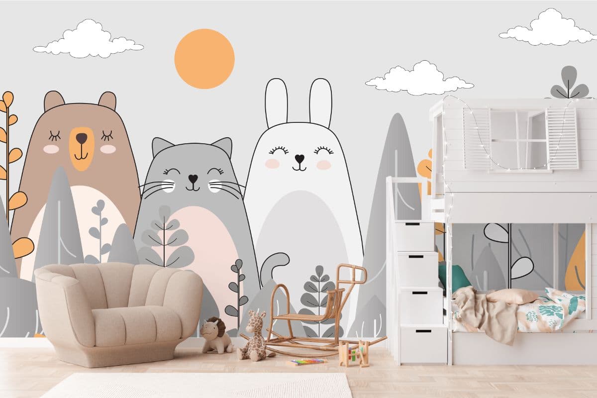Whimsy Forest Friends Wallpaper Mural for Kids Room shown in a room