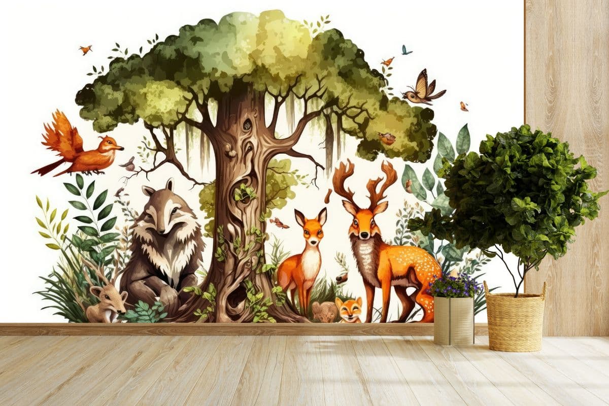 Cute Forest Friends Adventure Wallpaper Mural shown in a room