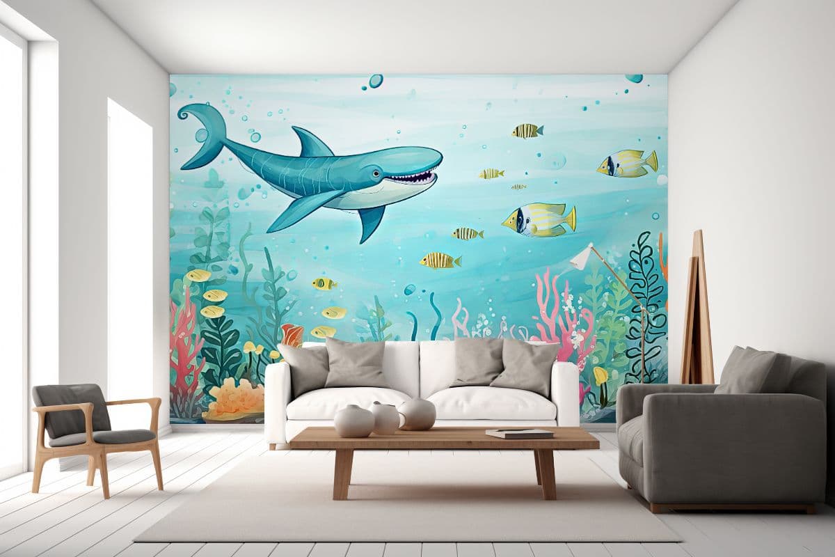 Kids Room Aquarium Fish Mural Wall Design Wallpaper shown in a room