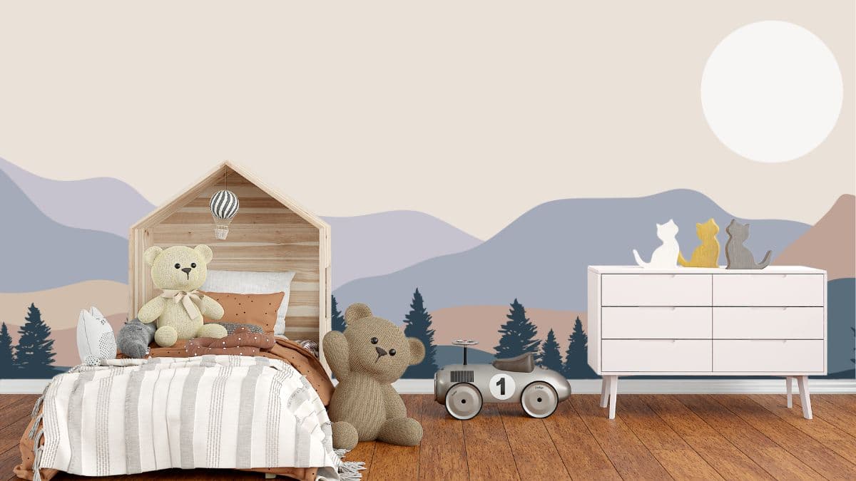 Pastel Color Mountains Wallpaper Mural for Kids shown in a room