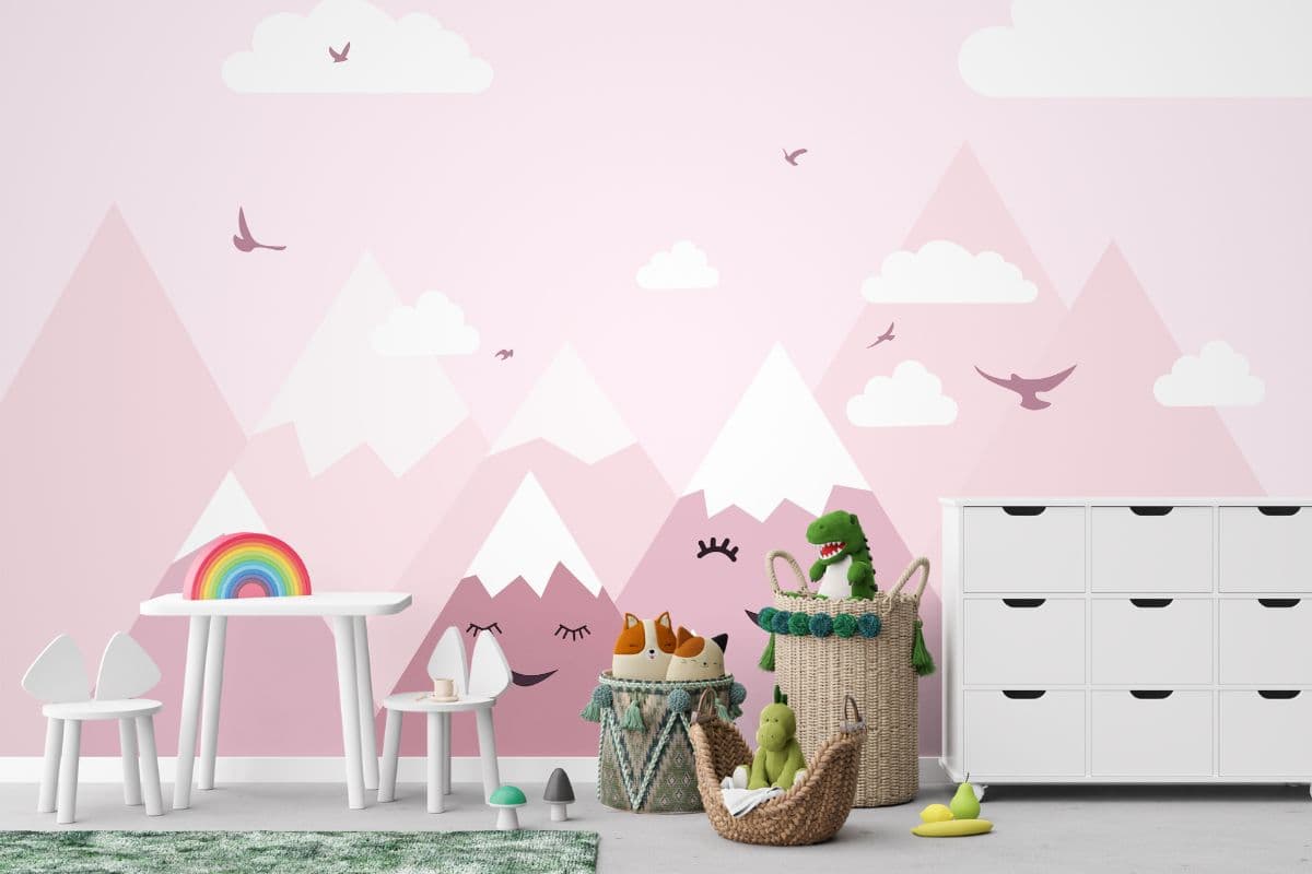 Pink Mountain Wallpaper Mural for Kids Room shown in a room