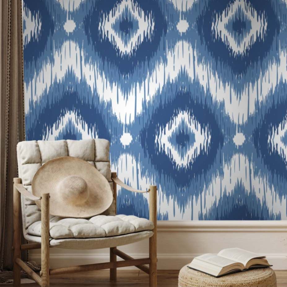 Blue Azure Ikat Bliss Wallpaper Mural for Living Room shown in a room