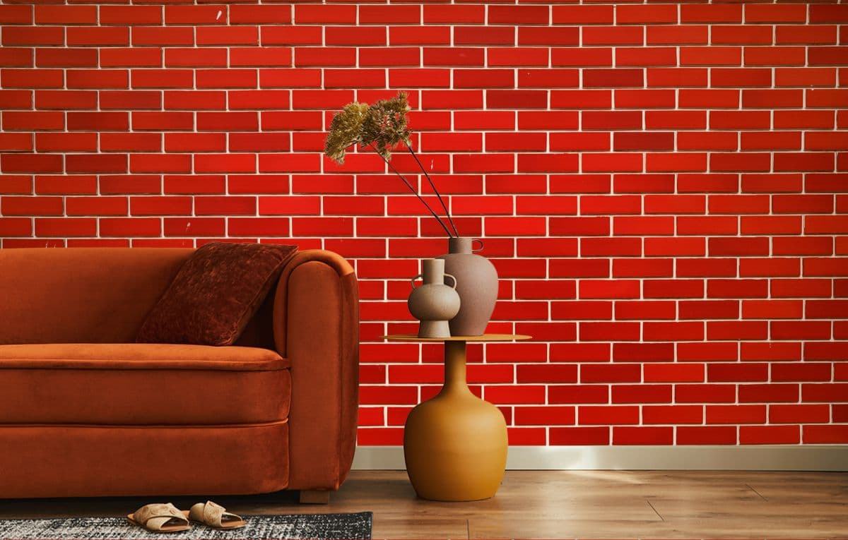 Crimson Red Bricks Mural Wallpaper shown in a room