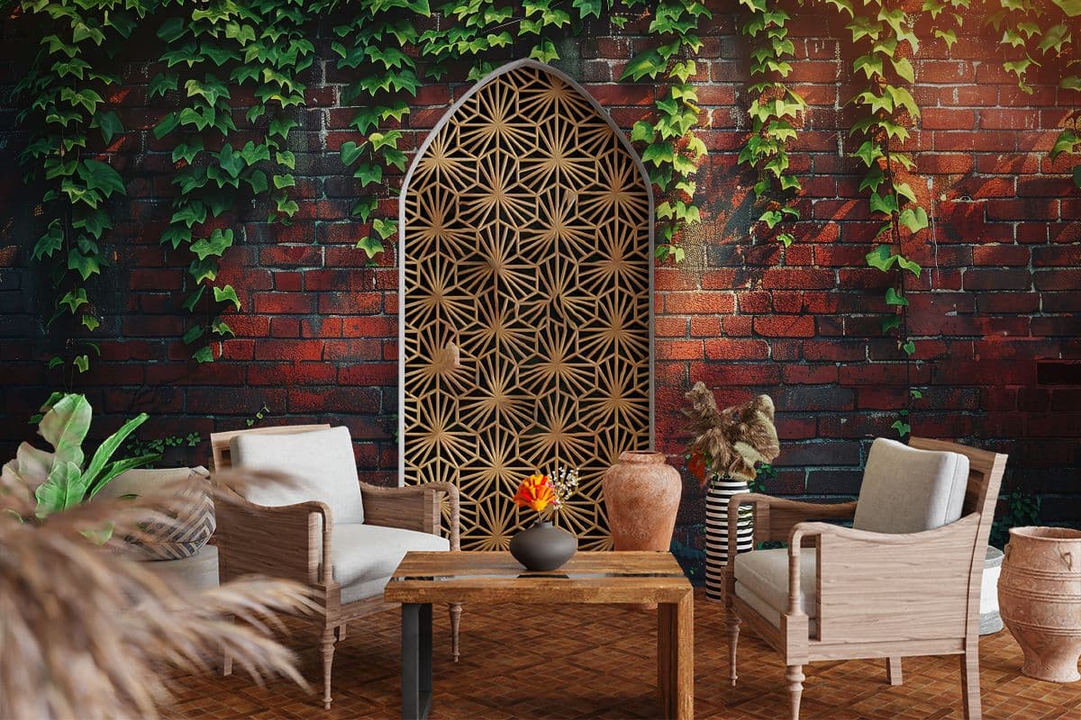 Rustic Ivy Covered Brick Wall Mural Wallpaper shown in a room