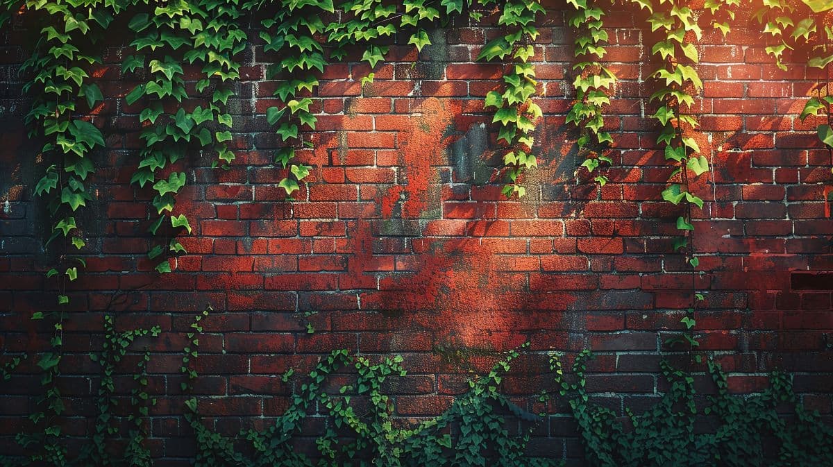 Rustic Ivy Covered Brick Wall Mural Wallpaper pattern detail