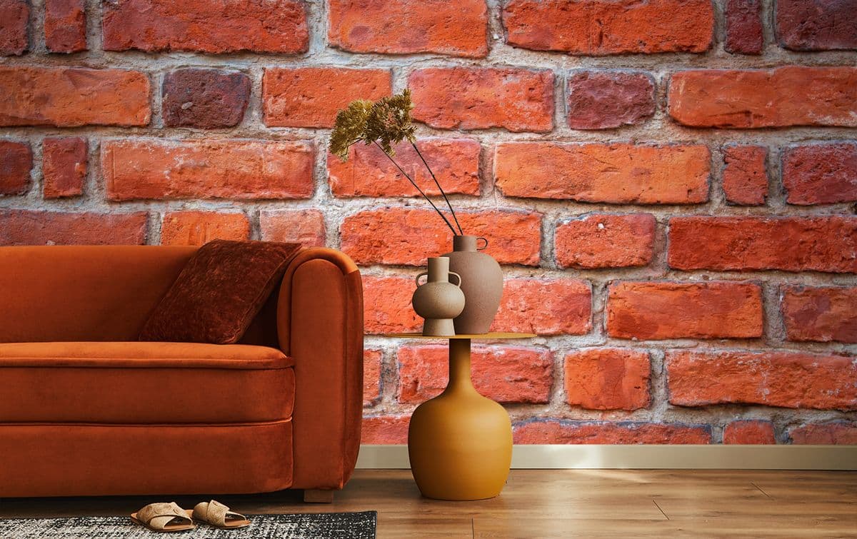 Red Brick Wall Texture Grunge Wallpaper Mural shown in a room