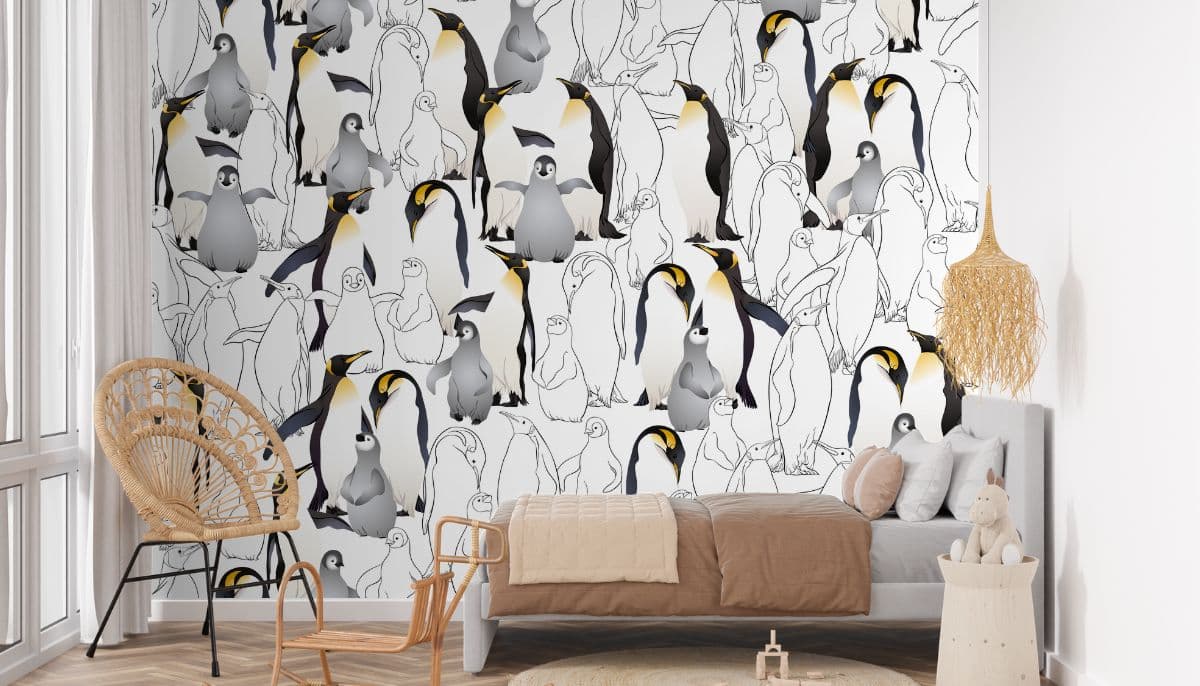 Group of Penguins Wallpaper Mural for Kids Room shown in a room