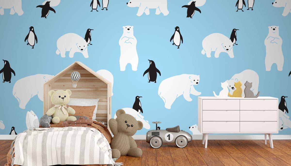 Seamless Pattern of Polar Bear and Penguin Wallpaper shown in a room