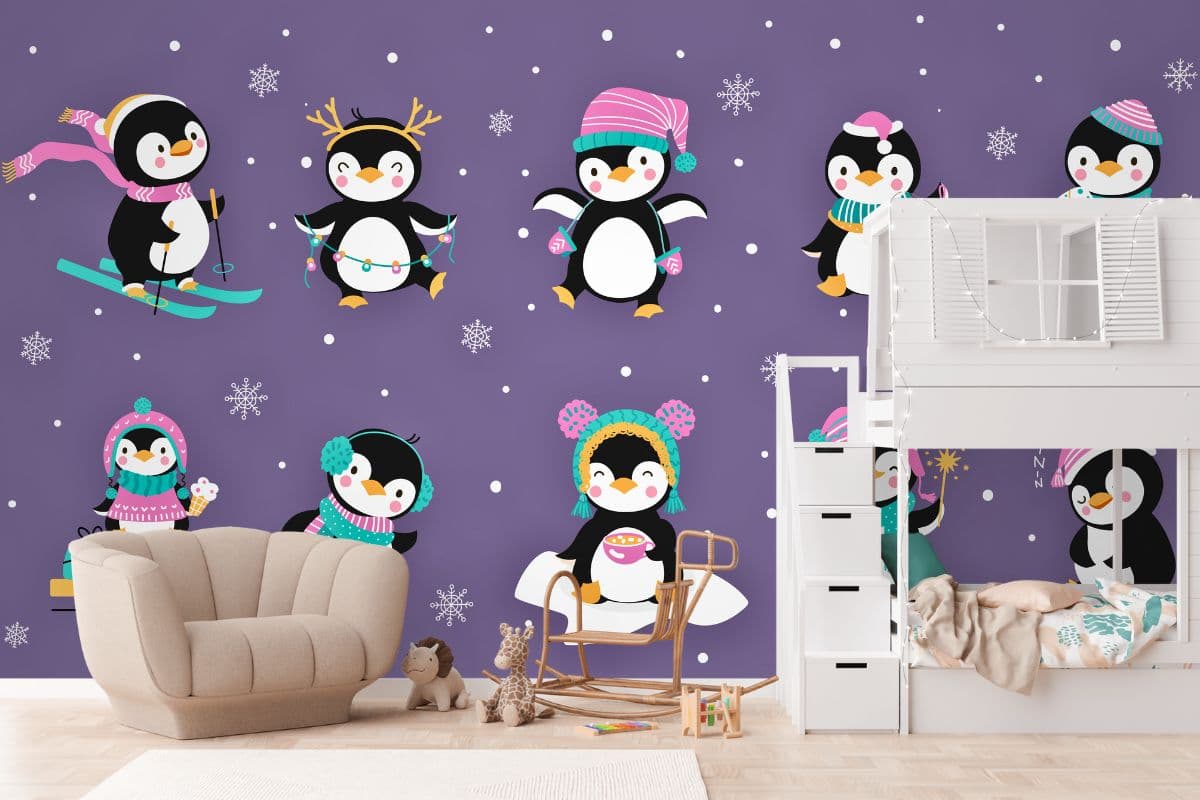 Christmas Penguins for Kids Room Wallpaper shown in a room