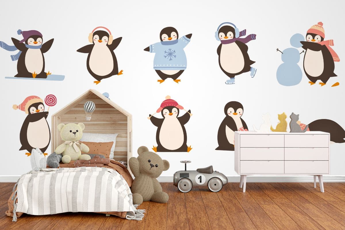 Dancing and Playing Penguins Wallpaper for Wall shown in a room