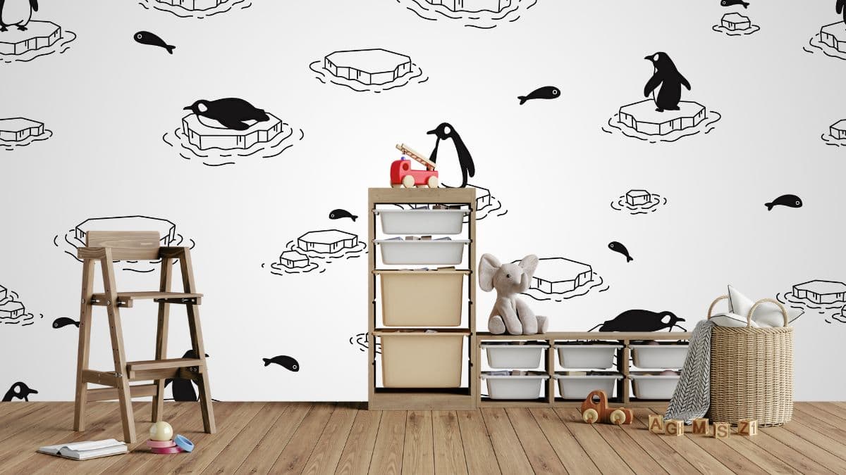 Cute Penguin Ice Berg Wallpaper for Kids Room shown in a room