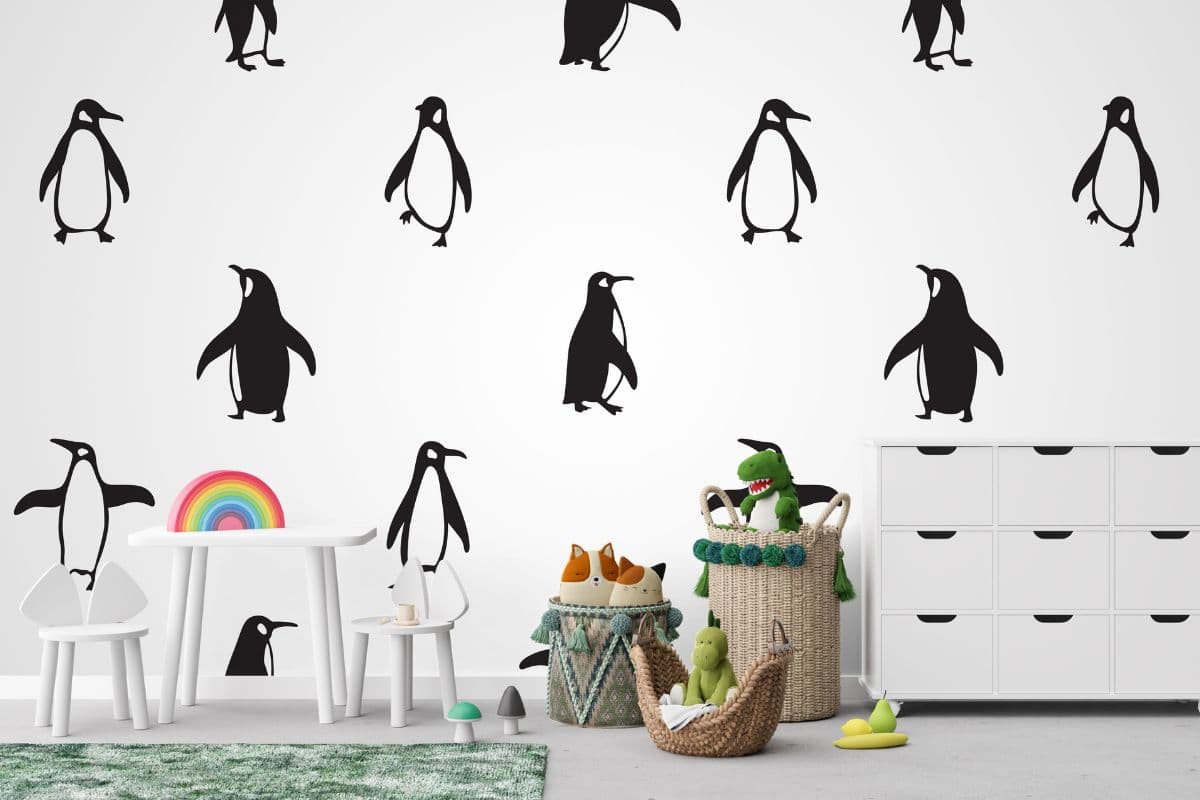 Seamless Wallpaper Pattern of Penguins shown in a room