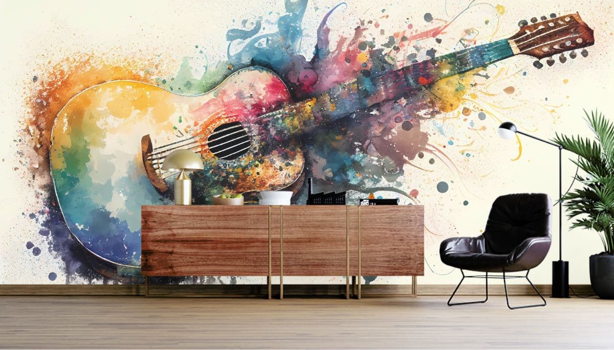 Beautiful Guitar Art Wallpaper Mural shown in a room