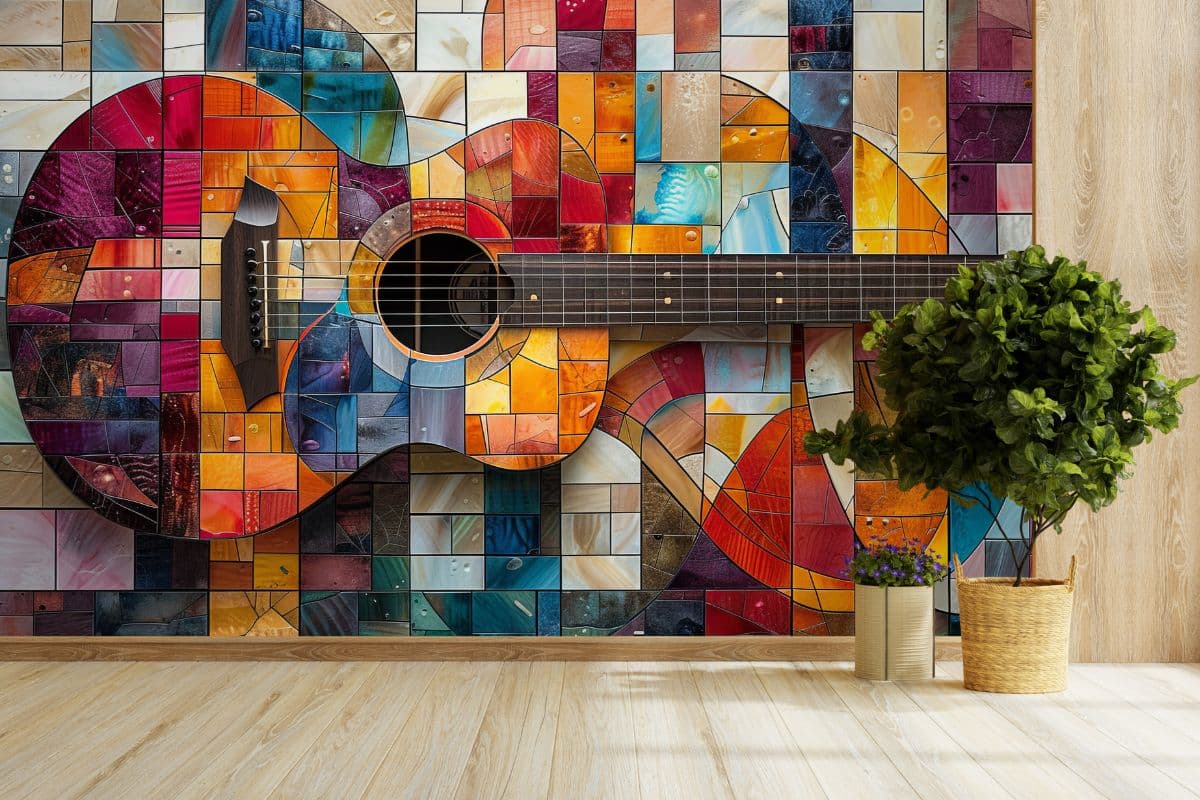 Colorful Guitar Art Wallpaper Mural shown in a room