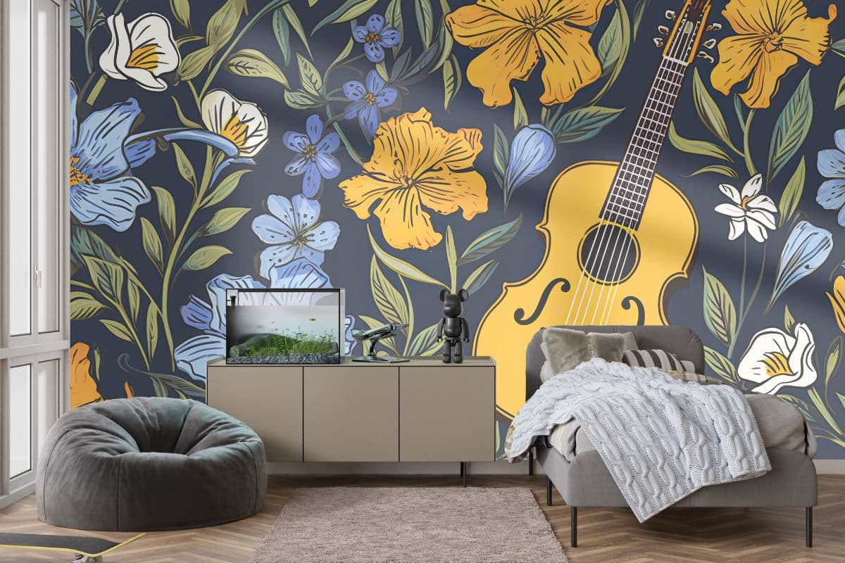 Floral Guitar Wallpaper Mural shown in a room