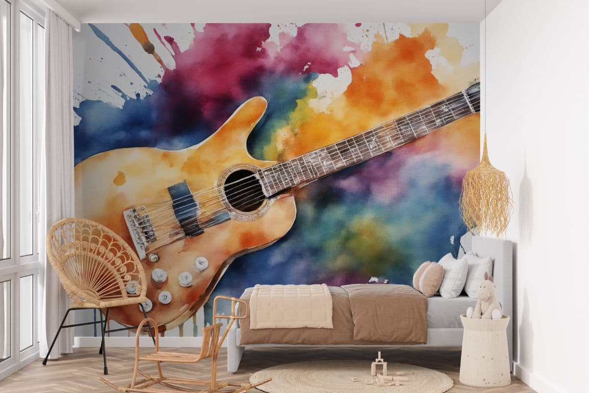 Watercolor Guitar Painting Mural Wallpaper shown in a room