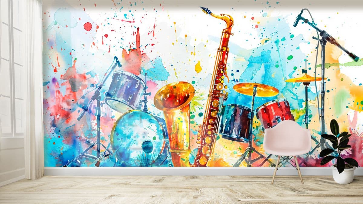 Watercolor Musical Instruments Mural Wallpaper shown in a room