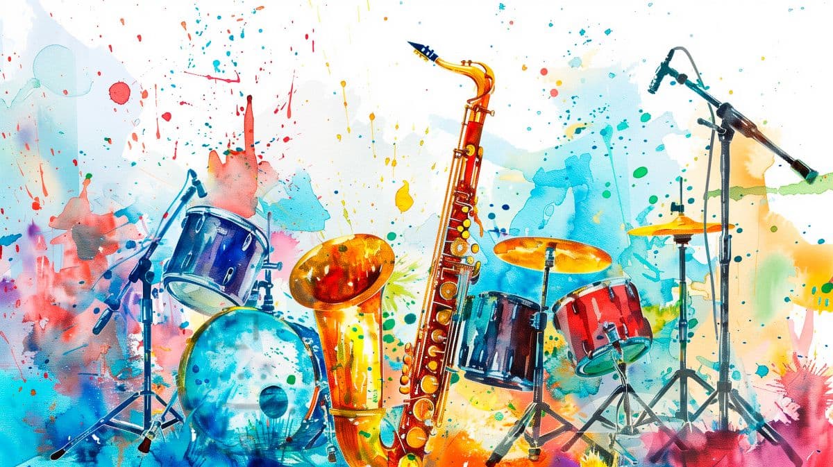 Watercolor Musical Instruments Mural Wallpaper pattern detail