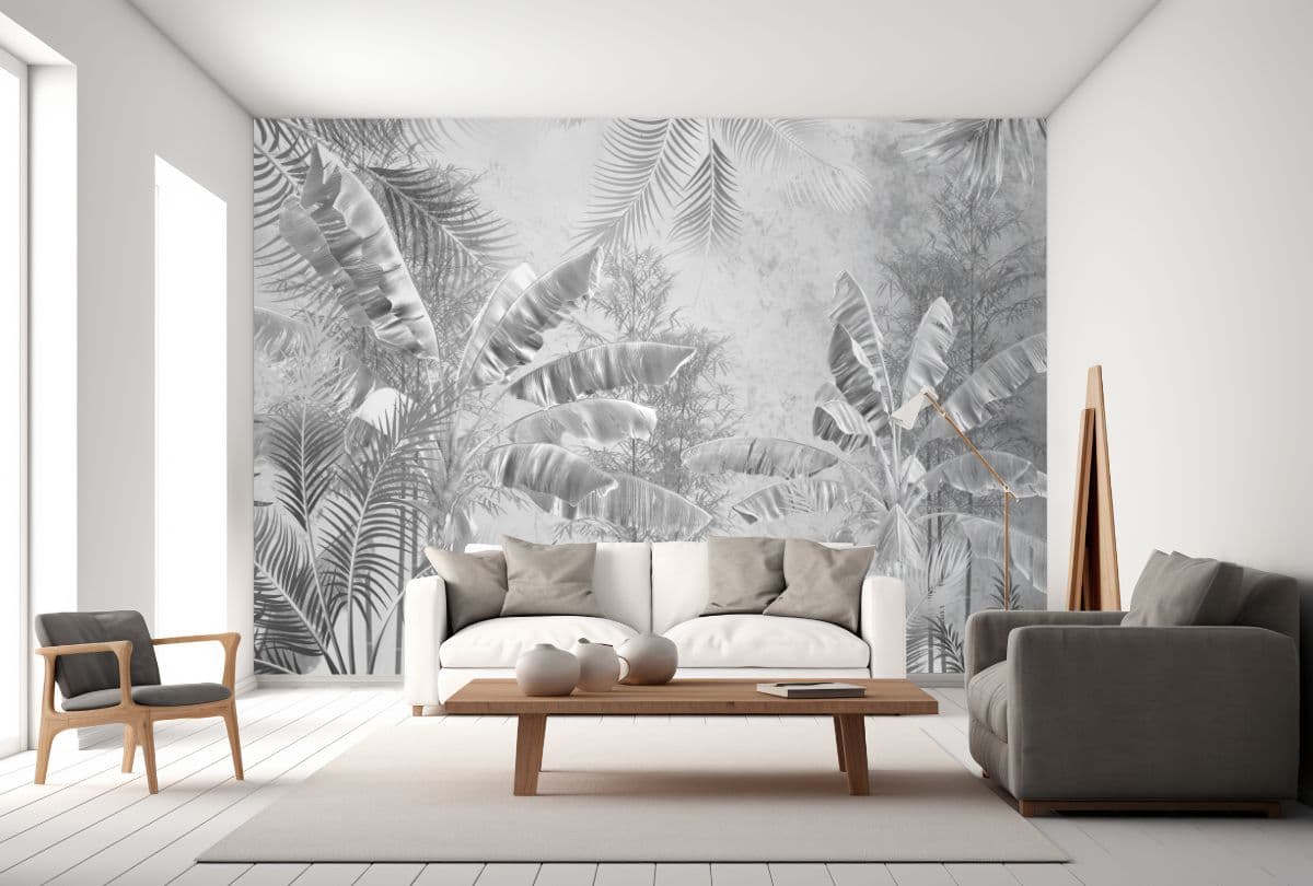 Tropical Silver Symphony Mural Wallpaper shown in a room