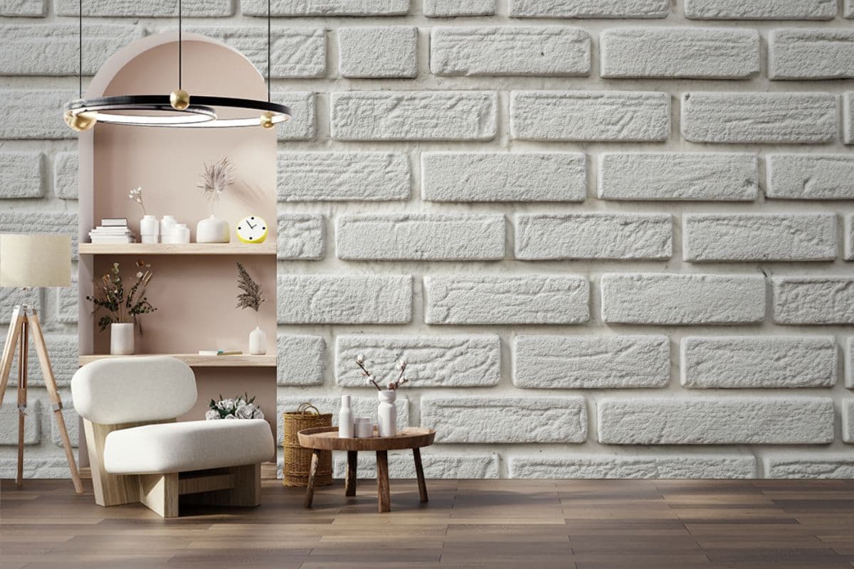 Classic White Bricks Mural Wallpaper shown in a room