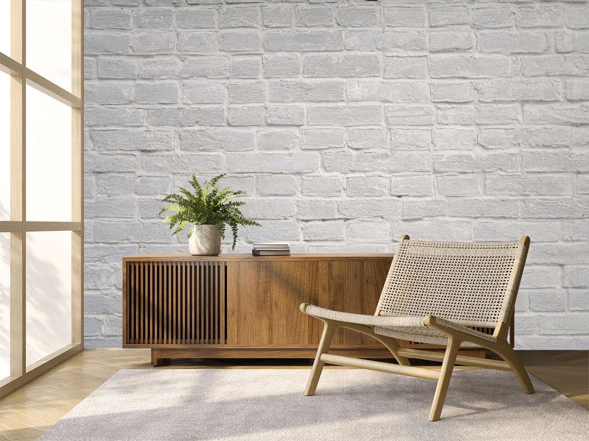 Lime Wash White Brick Walls Mural Wallpaper shown in a room