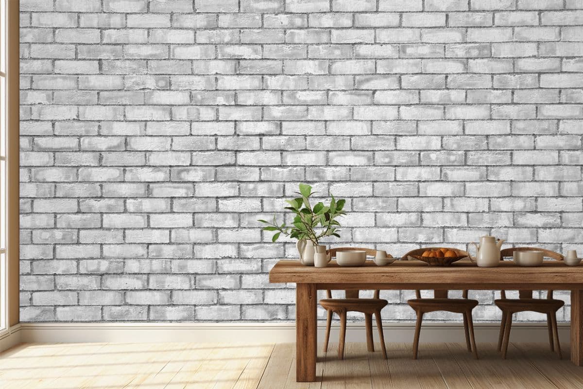 White and Grey Brick Serenity Mural Wallpaper shown in a room