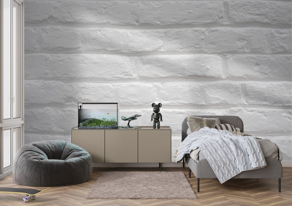White Brick Revival Mural Wallpaper shown in a room