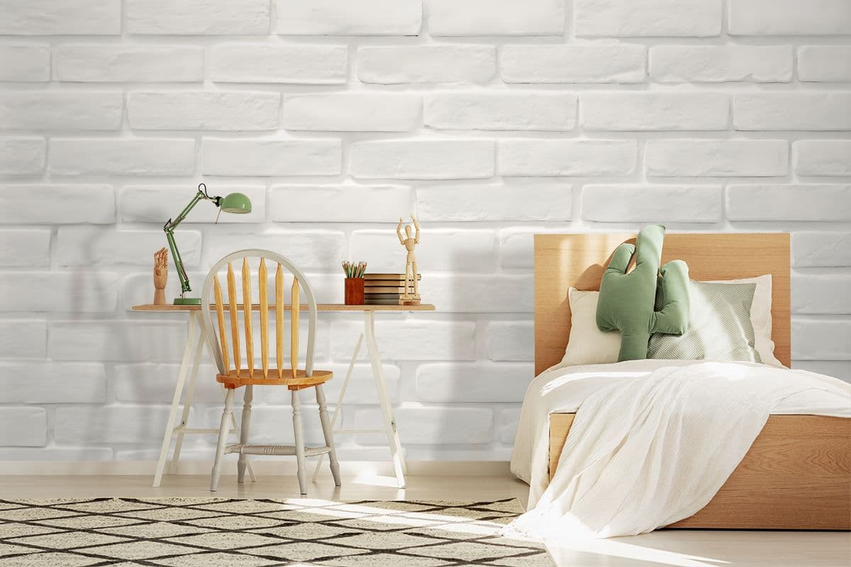 White Brick Serenity Mural Wallpaper shown in a room