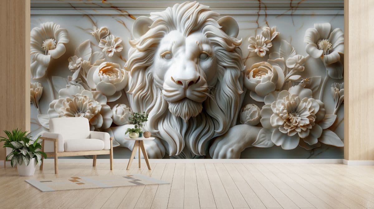 3D Lion's Face Statue Mural Wallpaper shown in a room