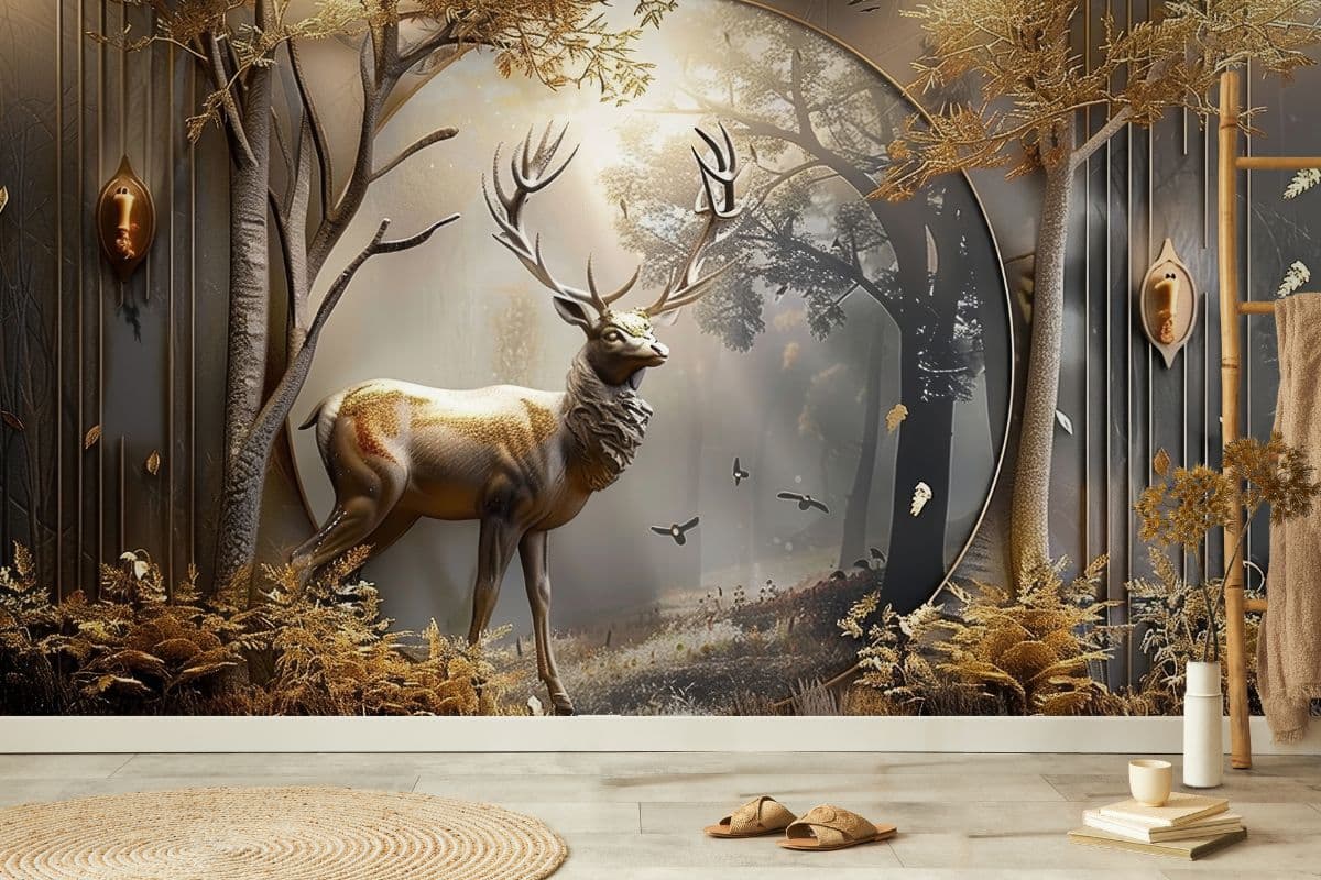 Barahsinga, 3D Golden Reindeer Mural Wallpaper shown in a room