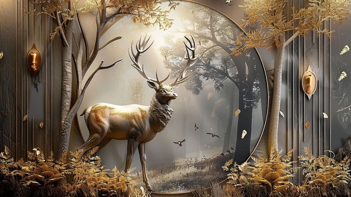 Barahsinga, 3D Golden Reindeer Mural Wallpaper pattern detail