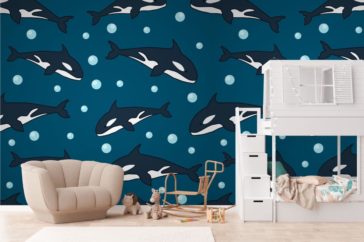 Seamless Dolphin of a Time Wallpaper for Kids Room shown in a room