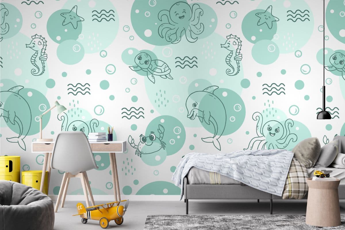 Ocean Animals Theme Kids Nursery Wall Mural Wallpaper shown in a room