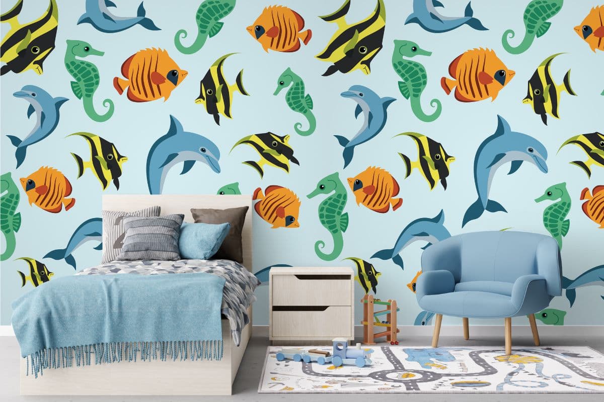 Aquatic Sea Friends Wallpaper for Wall shown in a room