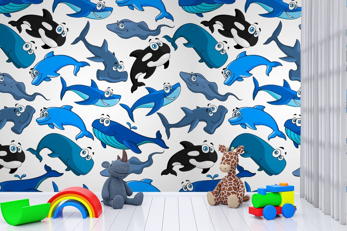 Cartoon Ocean Animals with a Seamless Wallpaper Pattern shown in a room