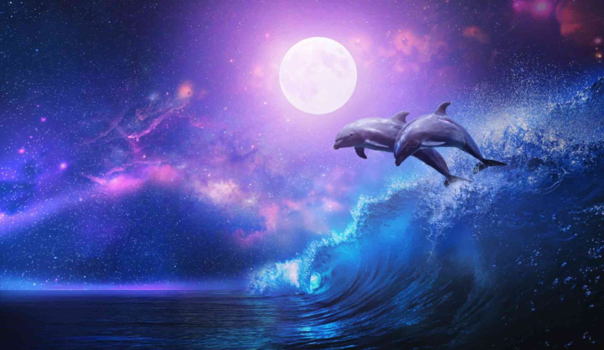 Dolphins under Purple Moonlight Wallpaper Mural pattern detail
