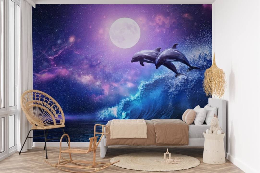 Dolphins under Purple Moonlight Wallpaper Mural shown in a room