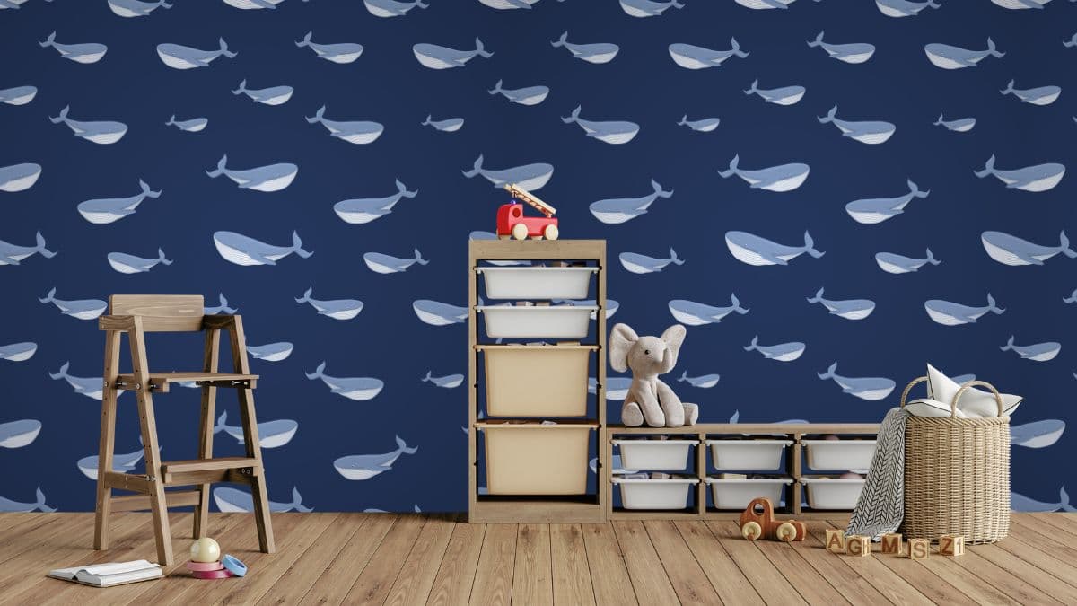 Seamless Whale Waves Wallpaper for Wall shown in a room