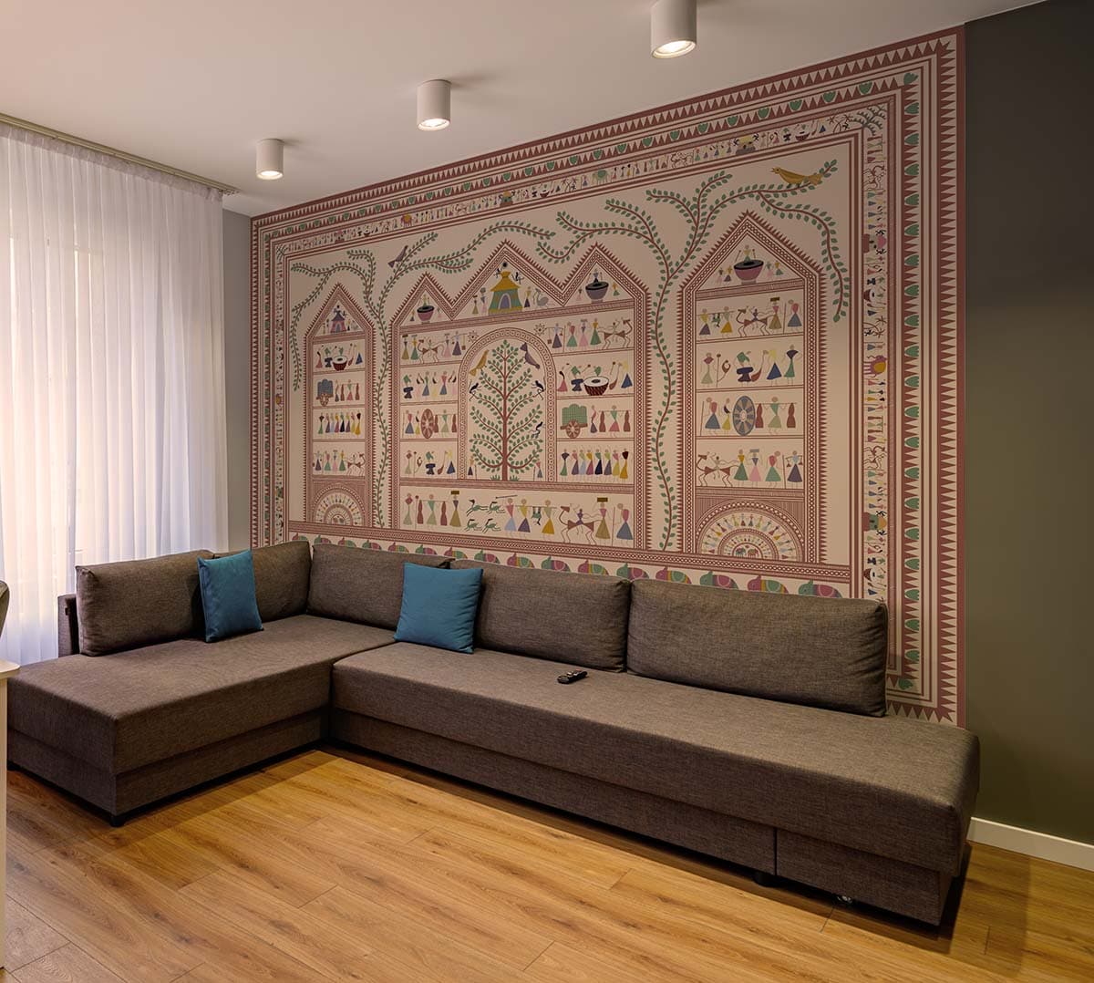 Warli Chitra Mural Wallpaper, Customized shown in a room